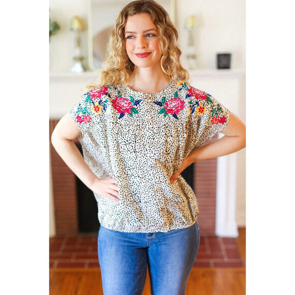 Perfectly Poised Ivory Animal Print Floral Embroidery Button Down Top - Picture 1 of 6
